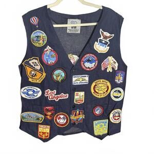 Vintage Air Force Aviation Patch Denim Vest Navy Blue Men’s Large 80s 90s